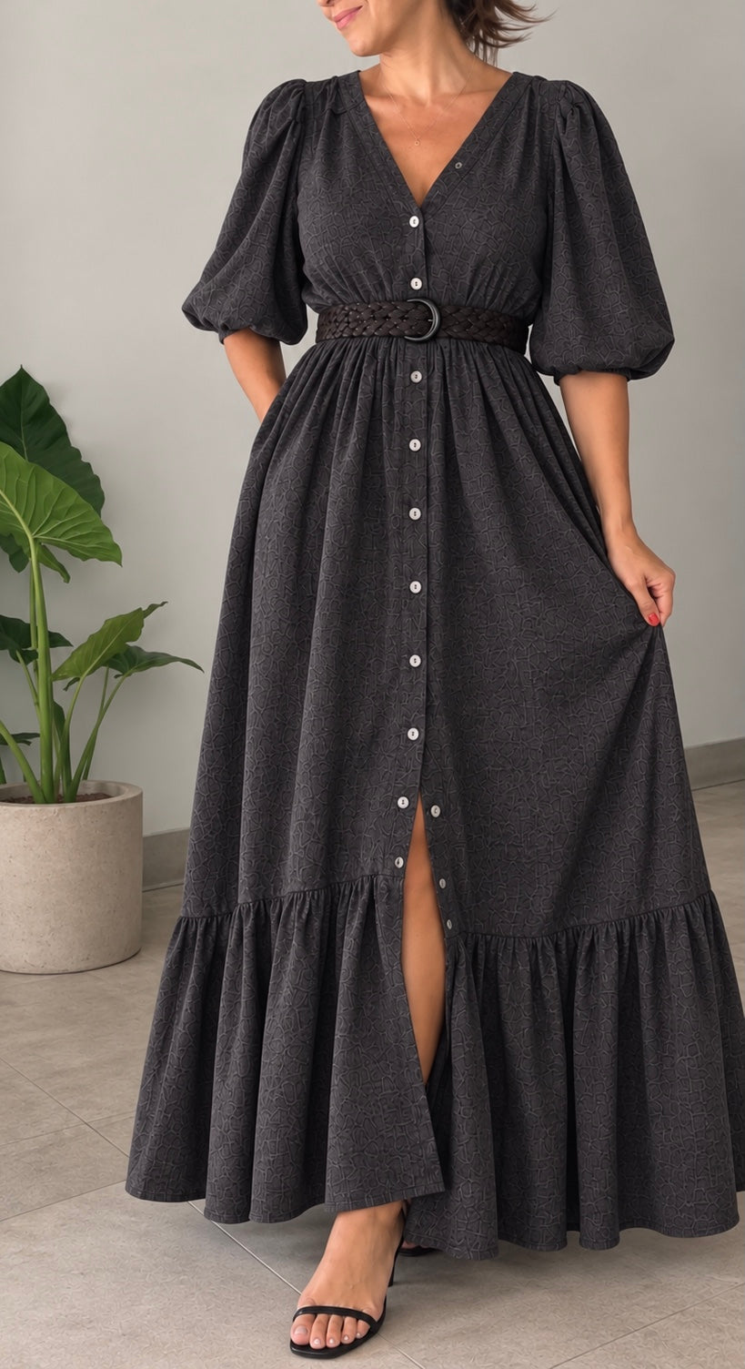 Vestido Midi Alizee símil Denim gris oscuro botones
