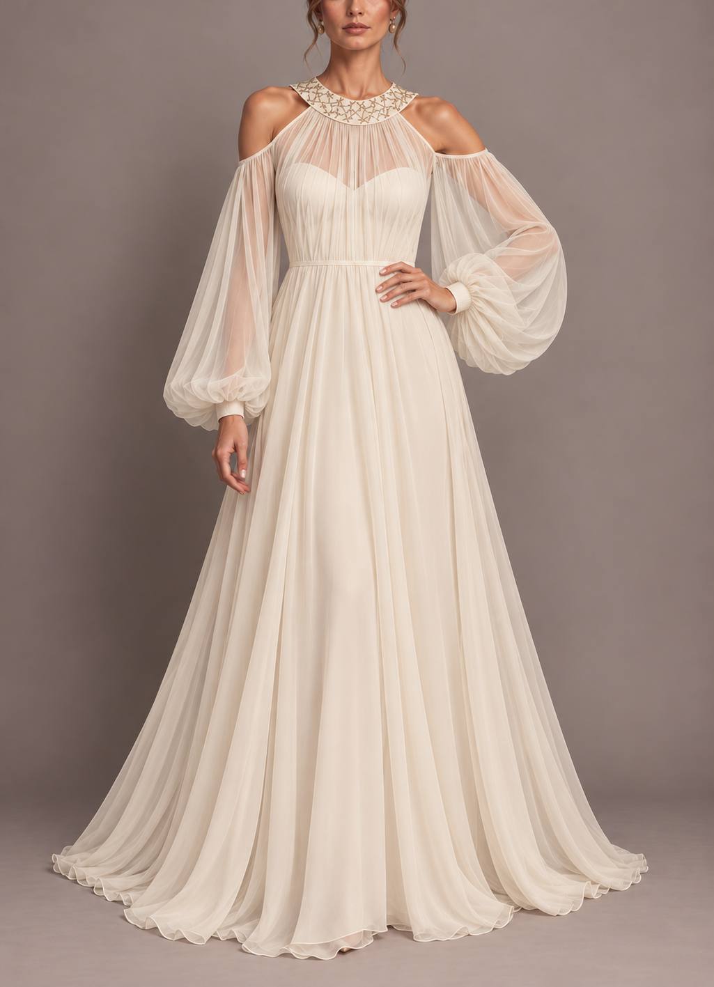 Vestido Stelle gala en gasa con escote bordado y vestido interno