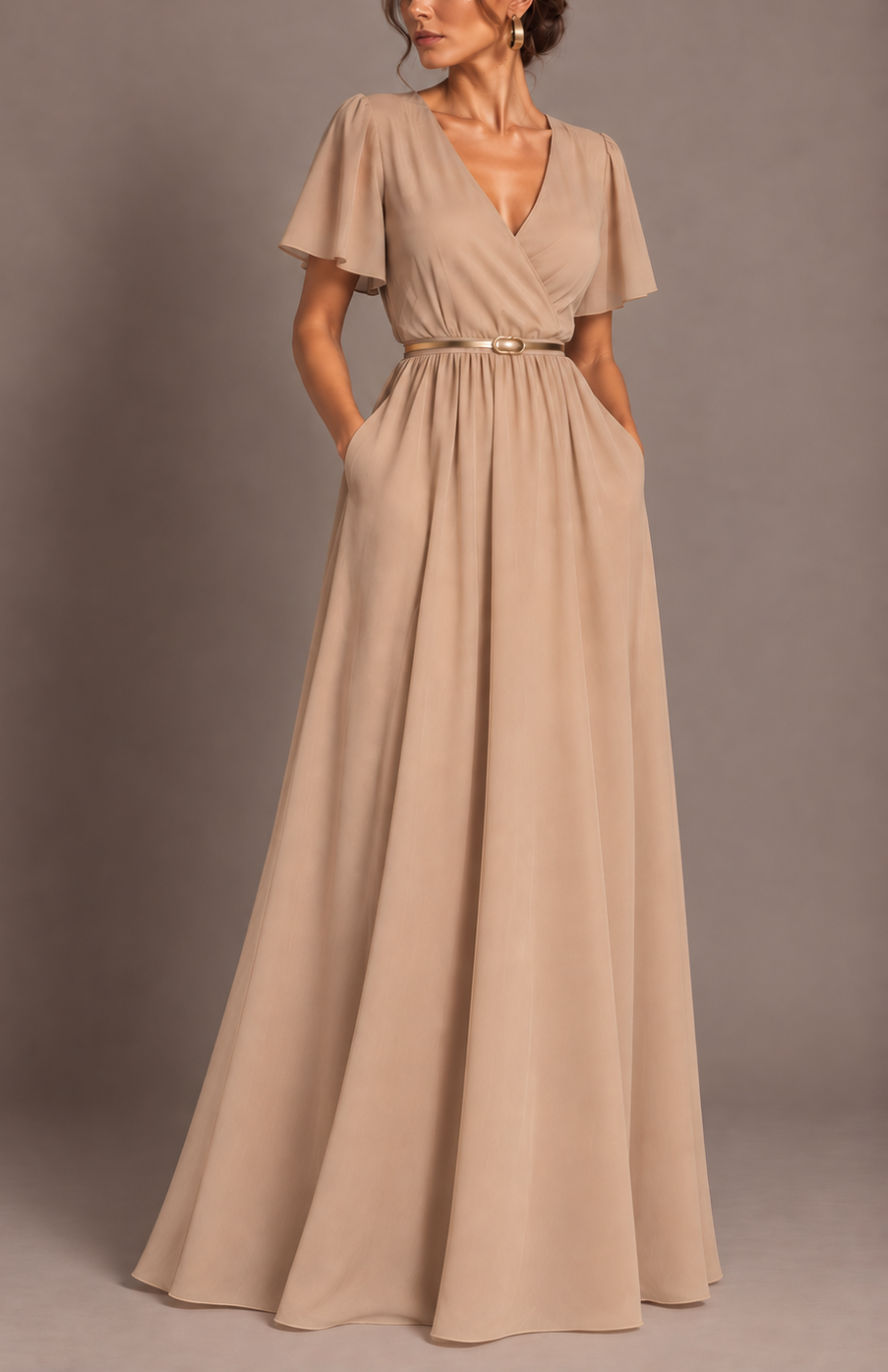 Maxi vestido Juliet nude cruzado con bolsillos