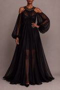Vestido Stelle gala en gasa negra con escote bordado y vestido interno