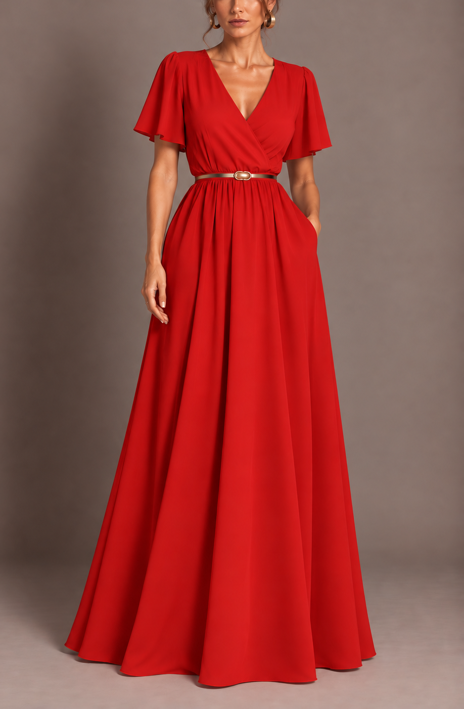 Maxi vestido Juliet rojo cruzado con bolsillos