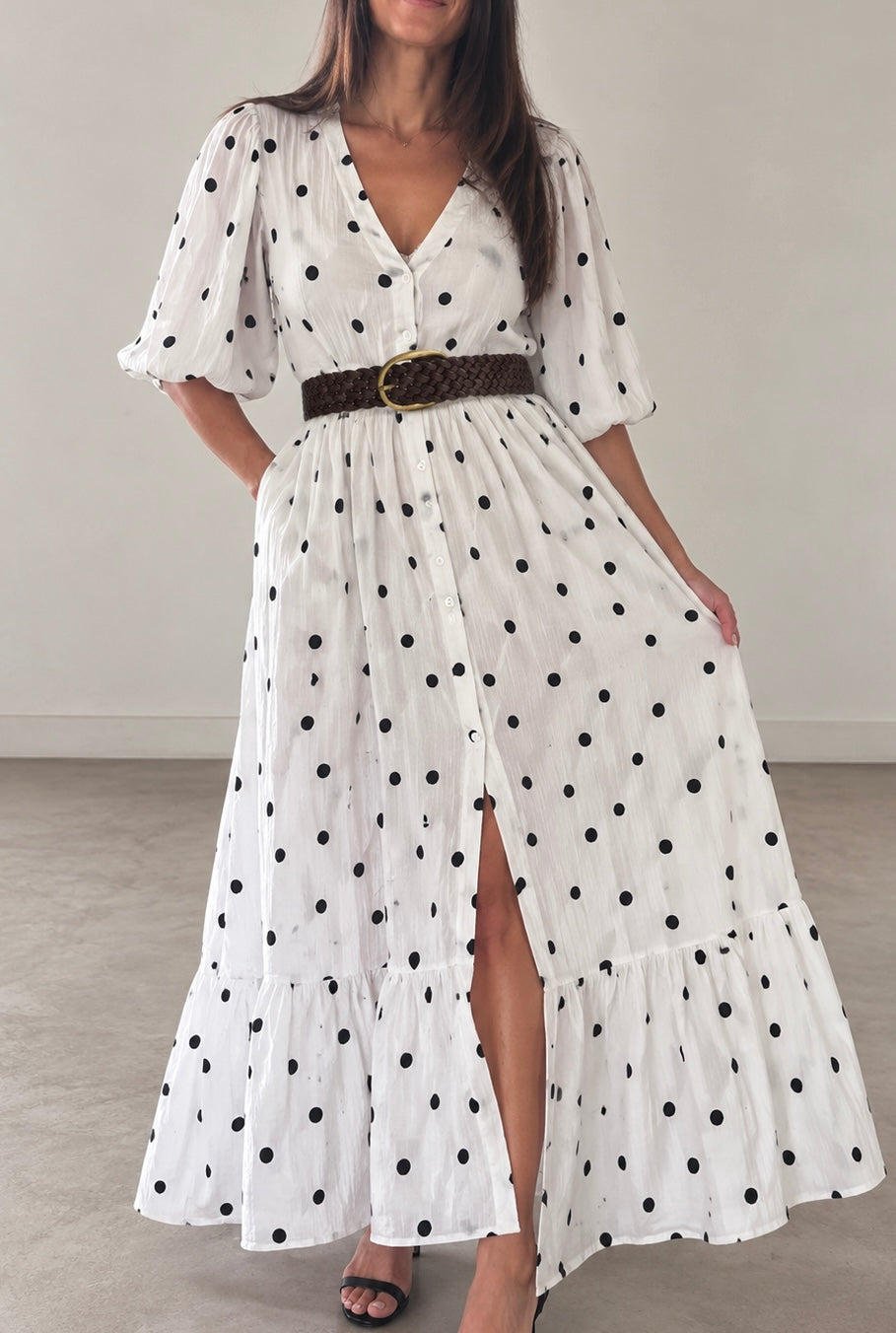 Vestido Midi Alizee lunares blanco/negro botones