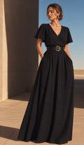Maxi vestido Juliet negro cruzado con bolsillos