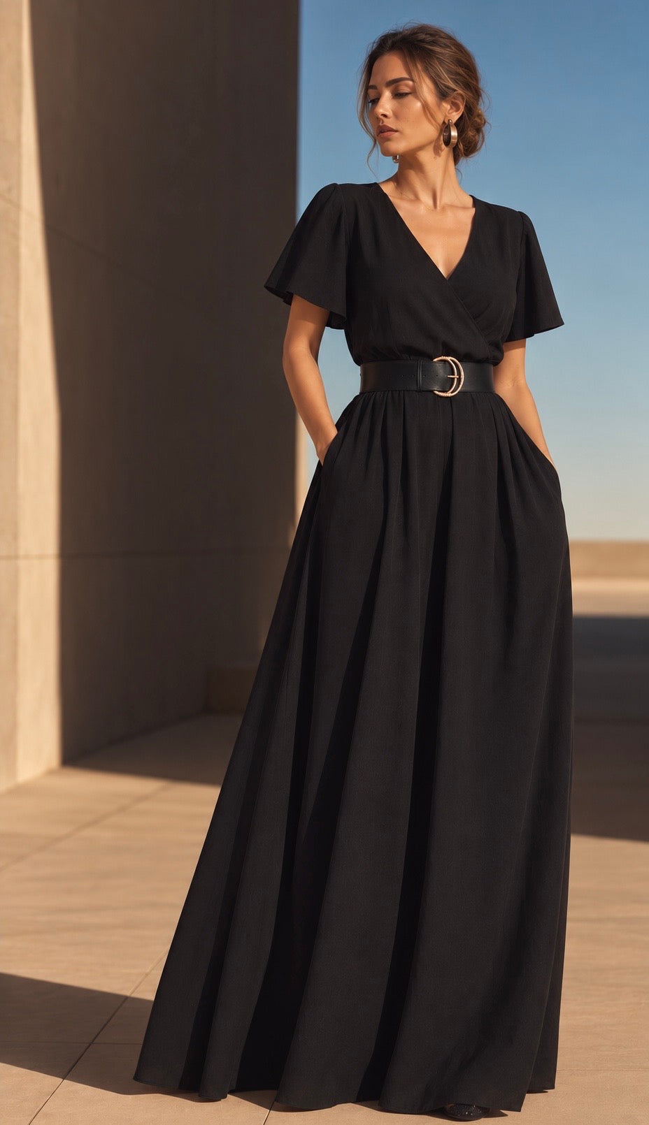 Maxi vestido Juliet negro cruzado con bolsillos